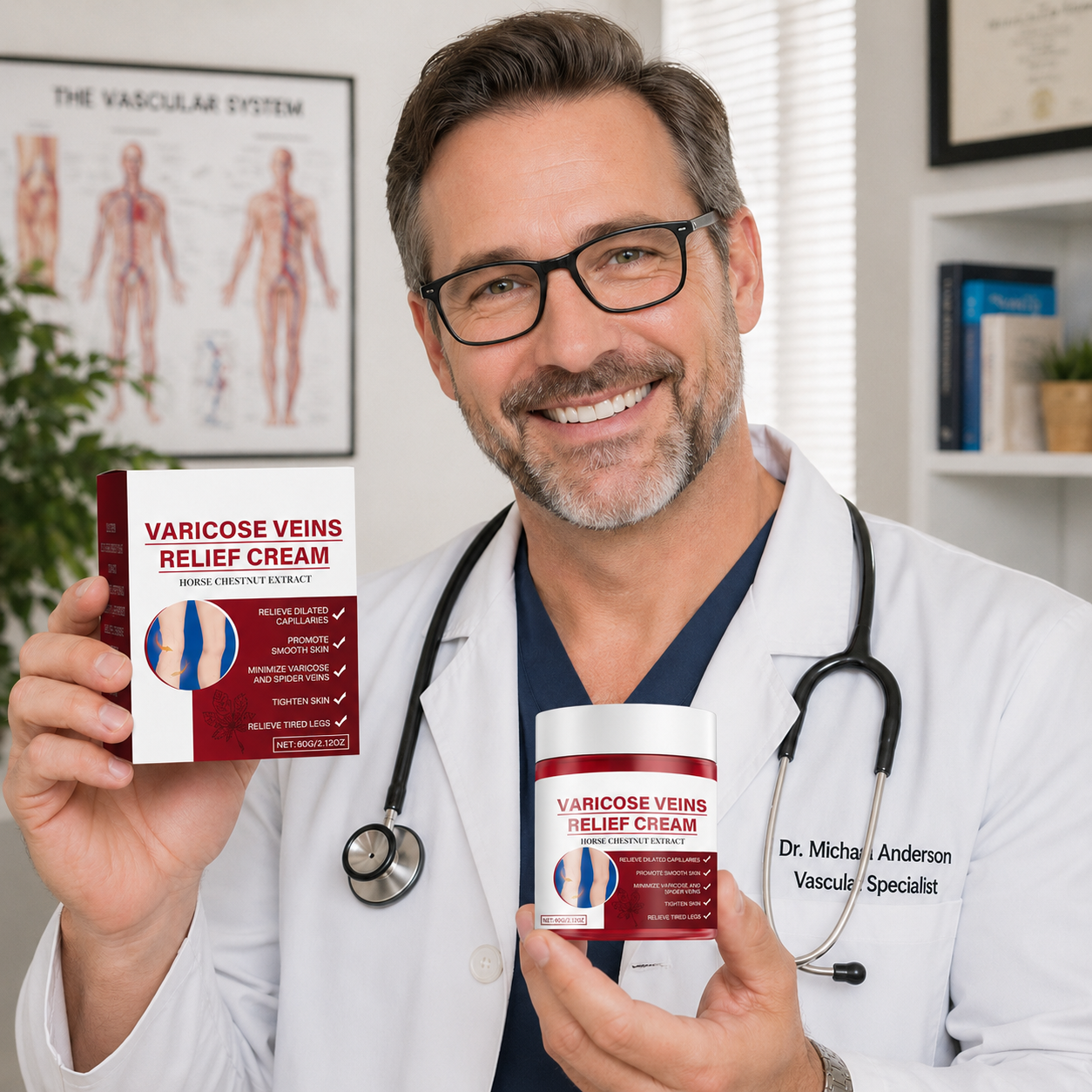 Vascular specialist presenting Varicose Veins Relief Cream