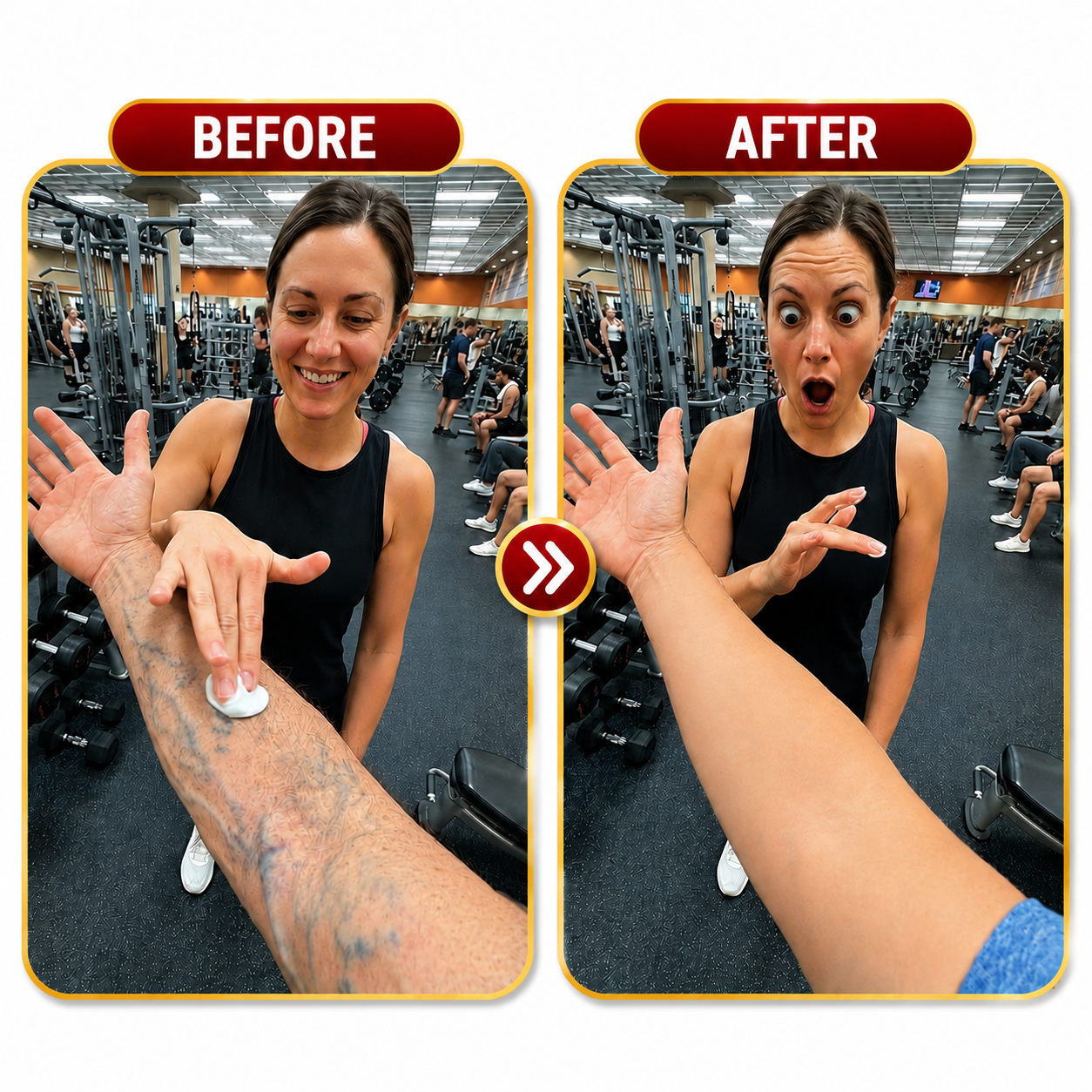 Before and after comparison of visible veins on a forearm in a gym