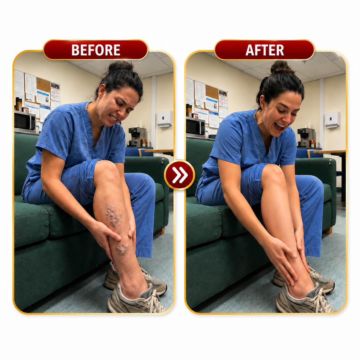 Before and after comparison of the appearance of visible veins on a lower leg