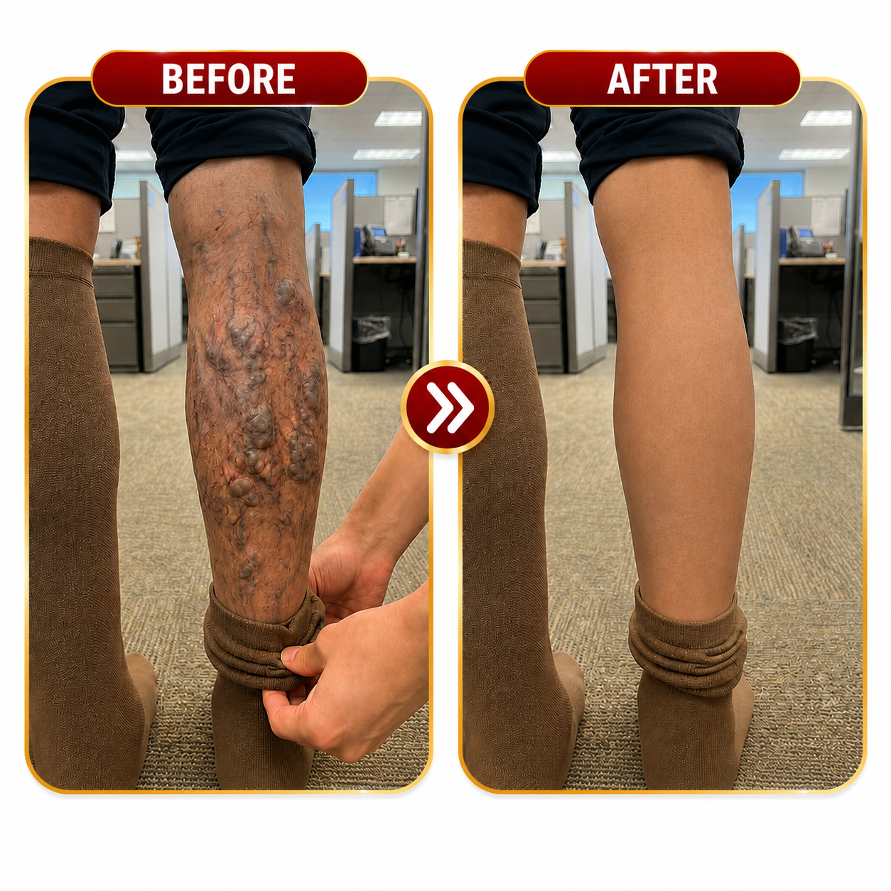Before and after comparison of prominent-looking veins on the back of a calf