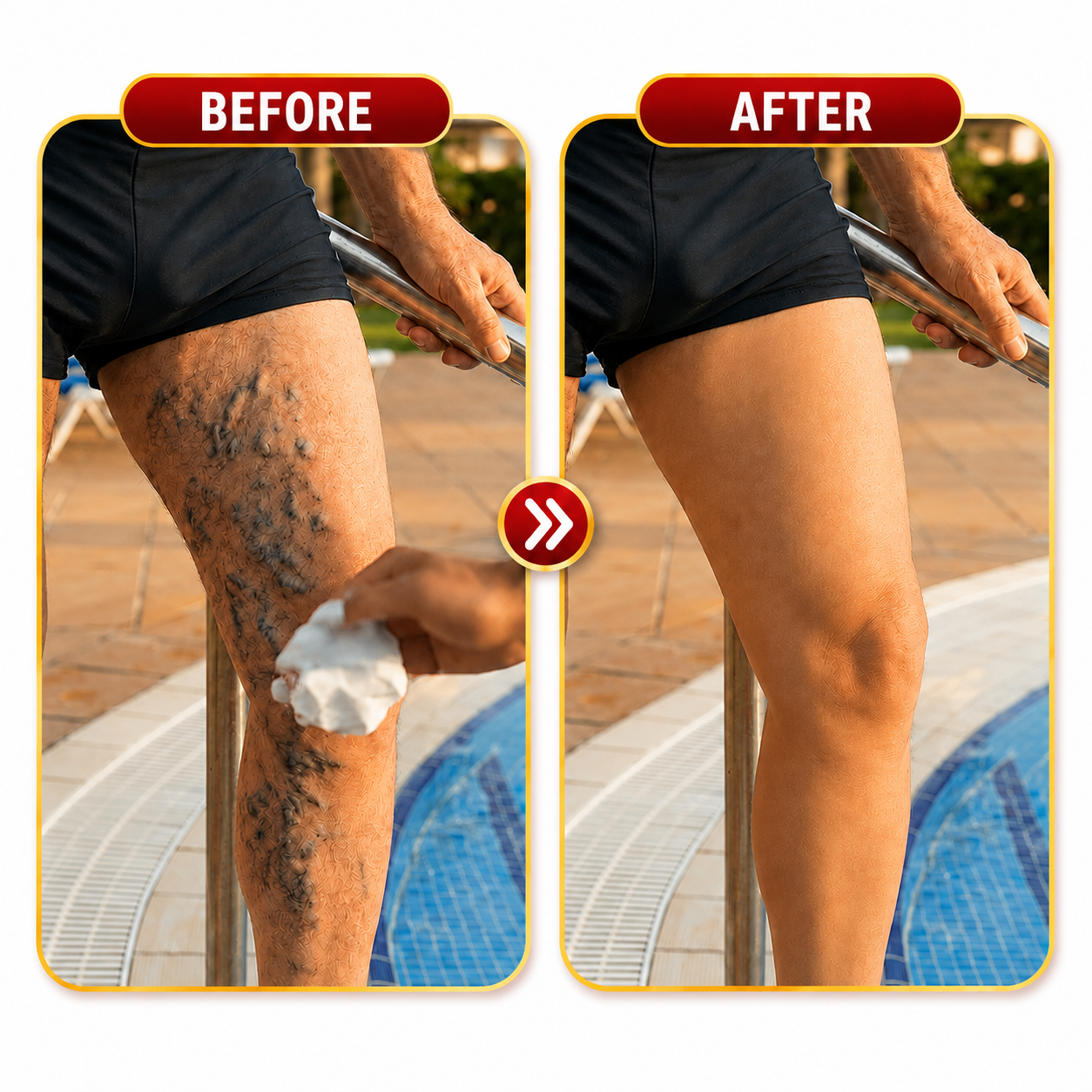 Before and after comparison of visible veins on a thigh near a swimming pool