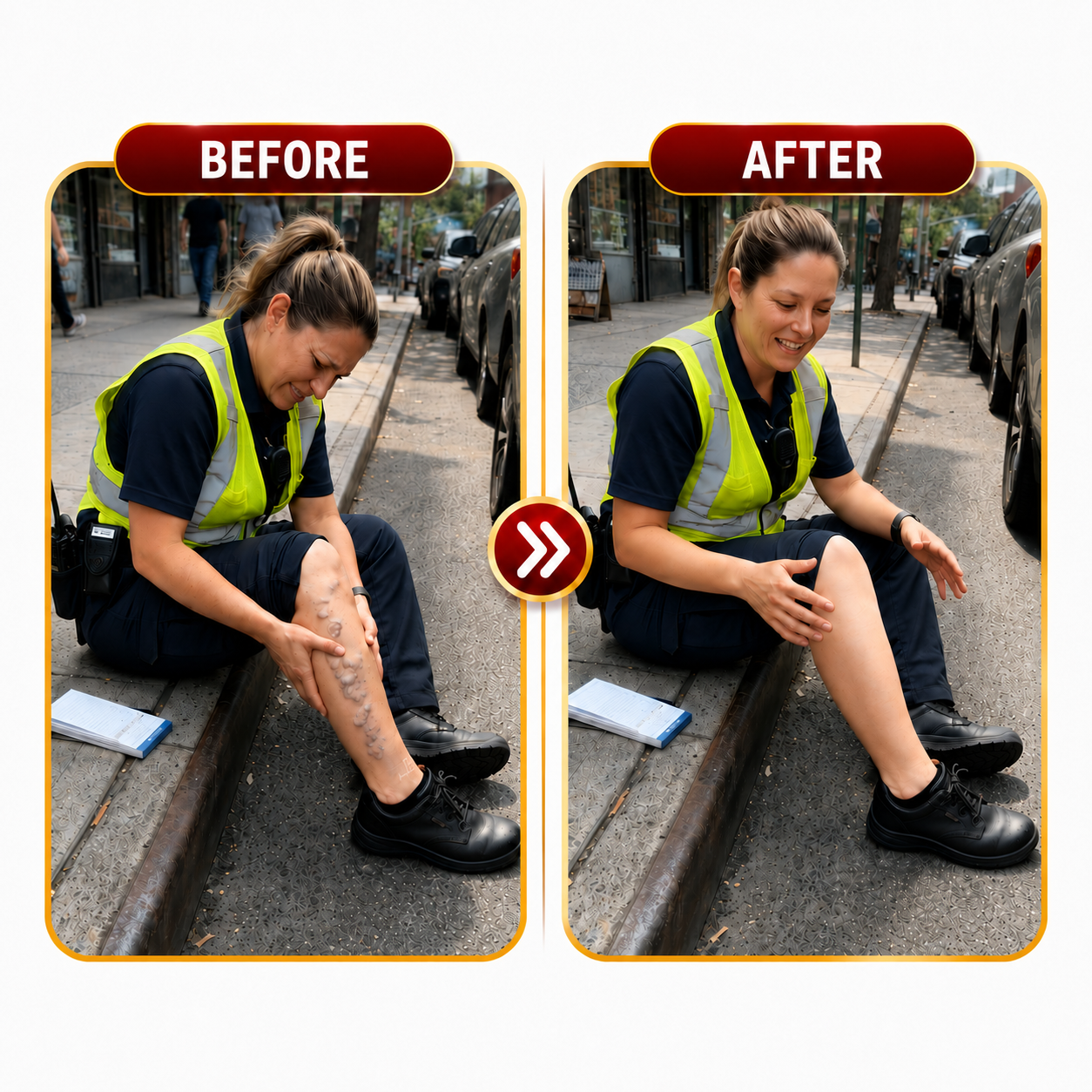 Before and after comparison of the appearance of visible veins on a worker's lower leg