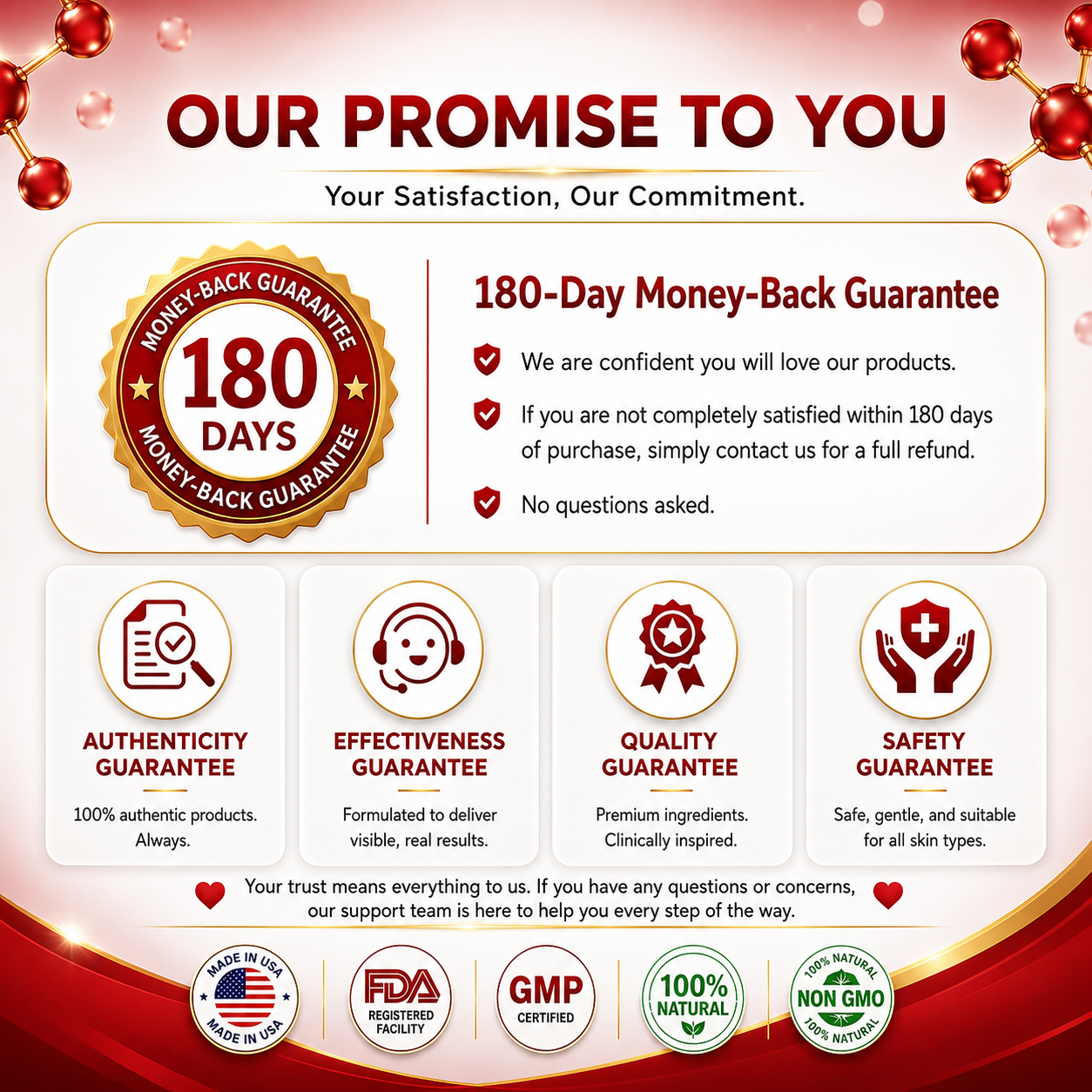 180-day money-back guarantee and product quality commitments