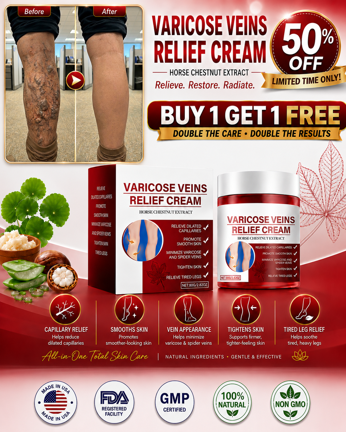 Varicose Veins Relief Cream promotional image with before-and-after comparison and product benefits